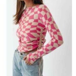 Fore Golf Women’s Checkered Ruched Sweater Top Pink Cream Size Medium